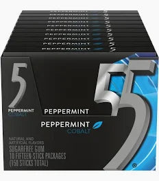 5 Gum Peppermint Cobalt Sugar Free Chewing Gum, 15 Sticks Per Pack, 10 pk.